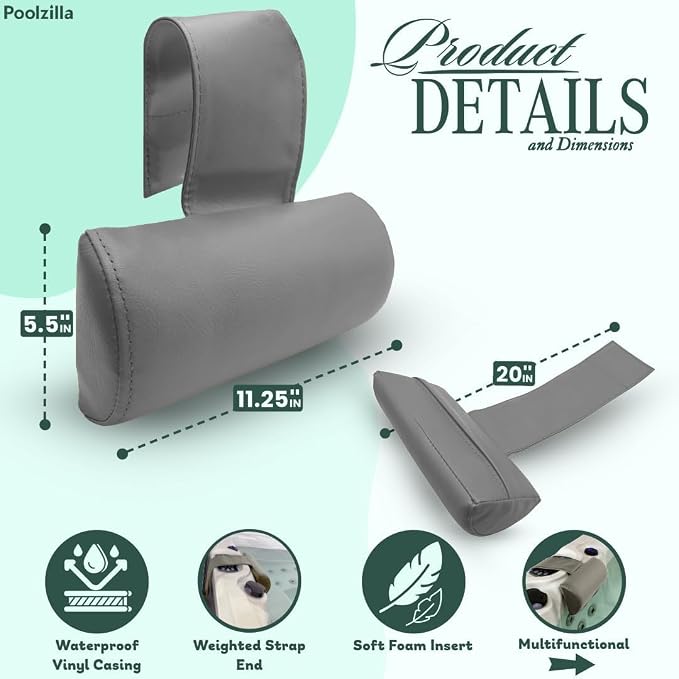 Poolzilla Universal Grey Spa Pillow, (1 Pack) Made of Soft Foam for Outdoor Hot Tubs and Chaise lounges - Adjustable Headrest and Weighted that Fits Any Spa