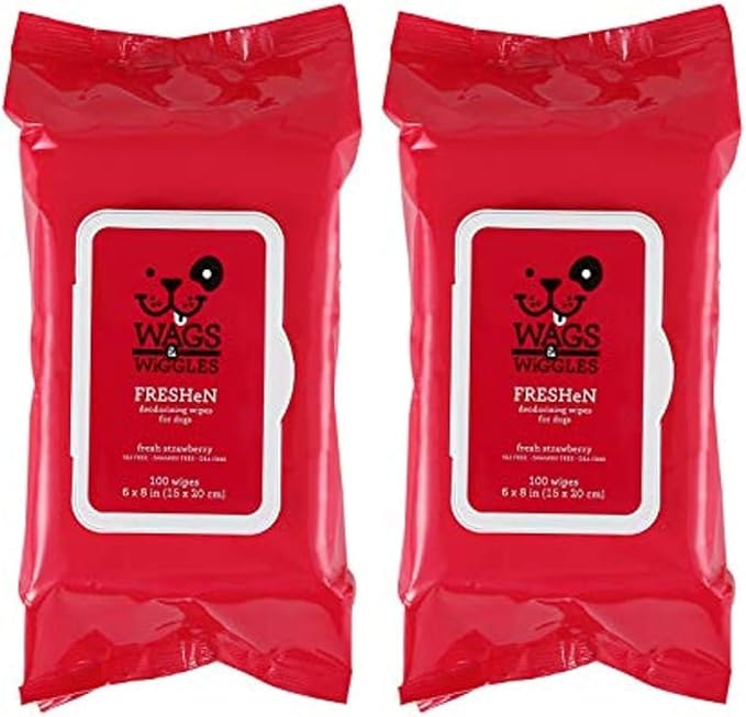 Wags and Wiggles Freshen Deodorizing Wipes for Dogs, Fresh Strawberry Scent - Dog Wipes that Eliminate Odors Between Baths, Easy at-Home Grooming, Dogs and Puppies, 100 Count (Pack of 2)