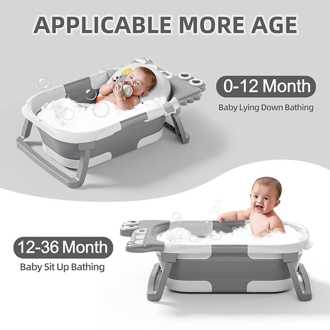 TPN Collapsible Baby Bathtub, Baby Bath Tub with Soft Cushion & Real-Time Thermometer, Baby Bathtub Infant to Toddler Tub (0-36 Months), Portable Newborn Travel Bath Tub