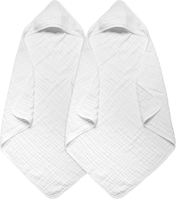 Baby Hooded Towels for Babies and Toddlers, Muslin Baby Bath Towel Soft and Absorbency for Boys and Girls (White 2 Pack)