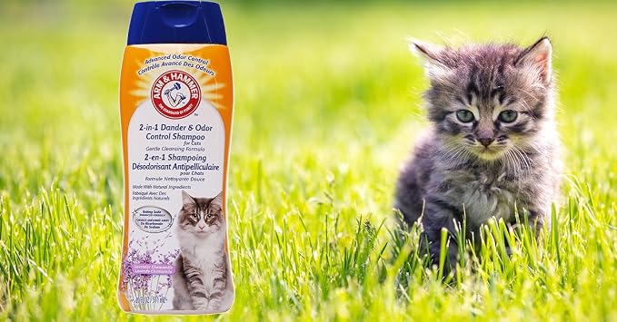 Arm & Hammer 2 in 1 Deodorizing and Dander Reducing Shampoo for Cats Baking Soda Cat Shampoo Odor Control and Coat Cleaning Lavender Chamomile Scent 20 FL OZ 2 Pack Routine Cat Grooming Value