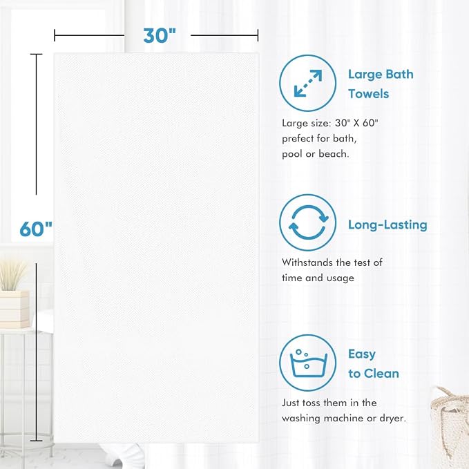 HOMEXCEL Bath Towel Set Pack of 4, 30 x 60 Inches Large Microfiber Bath Towels, Soft, Absorbent, and Quick Dry Towels for Bathroom, Pool, Beach, Swim, and Yoga, Large Bathroom Towels, White