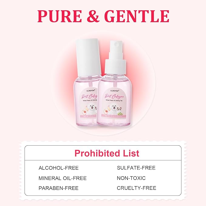 Premium Dog Cologne, Deodorant Perfume for Dogs and Cats, and Coat Spray, Long-lasting White Peach Oolong Scent, Keeps Dogs Fresh All Day, Suitable for Use Between Baths, 2.37 fl oz