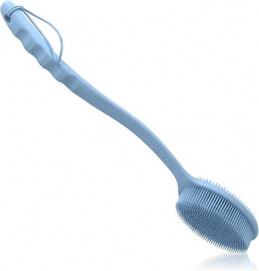 Avilana Silicone Body Scrubber for Shower – SGS Certified Food Grade Dual Sided Bath Brush, Gentle Exfoliating Silicone Loofah Alternative, Sensitive Skin Body Brush (Blue, Long Handle)