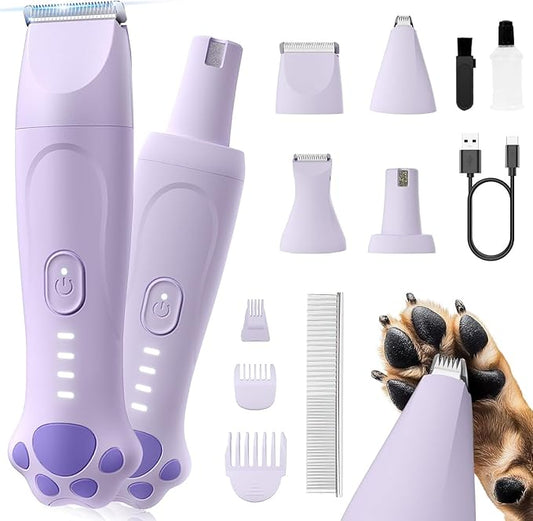 Dog Clippers for Grooming - 4-in-1 Dog Clippers Grooming Kit with Low Noise & IPX7 Waterproof Design Includes Comb Paw Trimmer Nail Grinder - Rechargeable & Cordless Dog paw Trimmer (Purple)