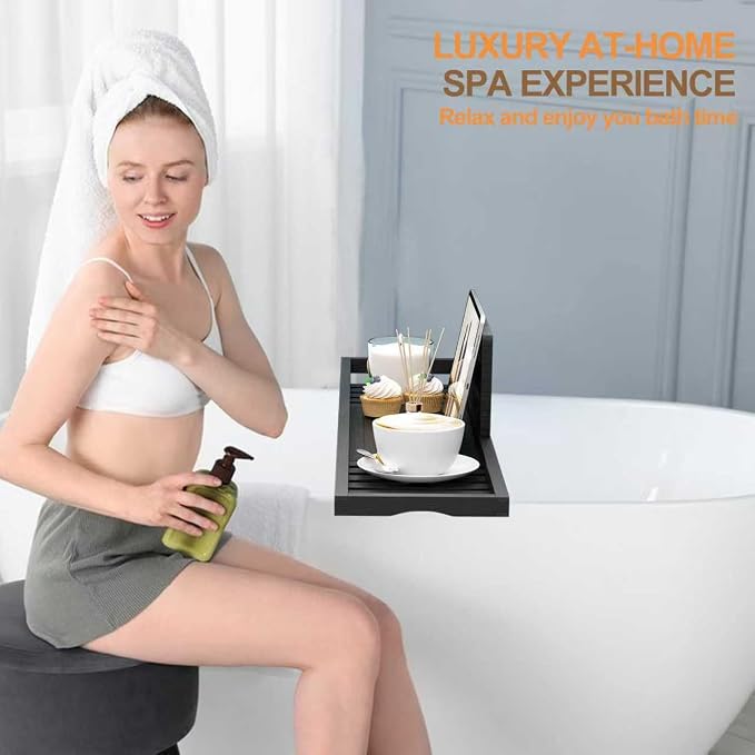 Bathtub Tray Caddy Black - Bath Tray Black - Bath Tub Table Tray Caddy - Bamboo Bath Tray for Tub