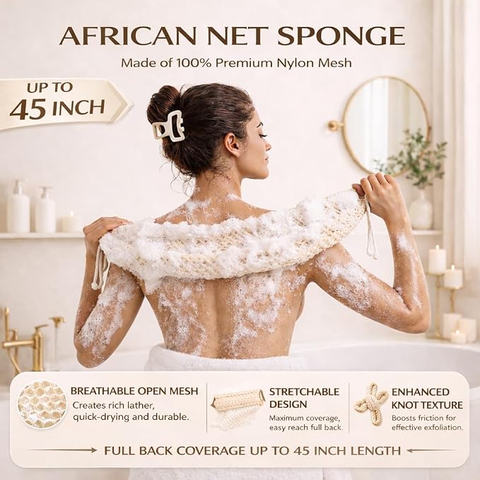 African Net Sponge Authentic, 4 Pcs Exfoliating Net Sponge for Bath, 45 Inch Long Stretch Back Scrubber for Women and Men, Exfoliating Shower Scrubber(Black+Olive Green+Pink+Champagne Gold, 4 Packs)