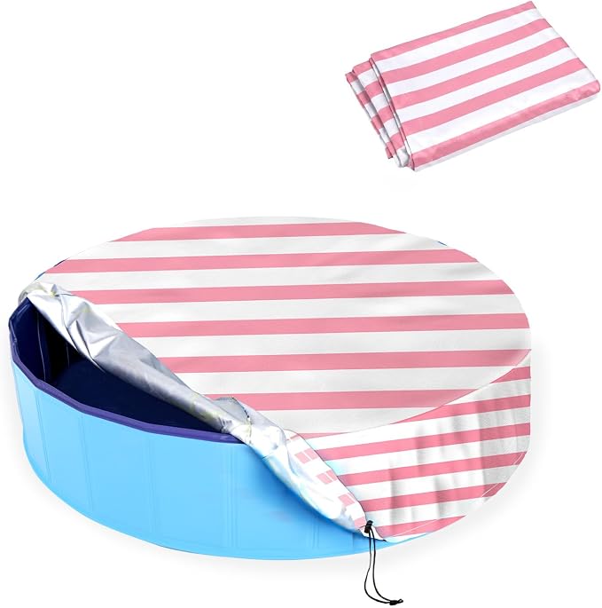 Foldable Round Dog Swimming Pool Cover, for 32"/48"/63" Collapsible Outdoor Tub,PVC Coating Waterproof and UV Protection (M-48 * 12 inch, Pink Stripes)