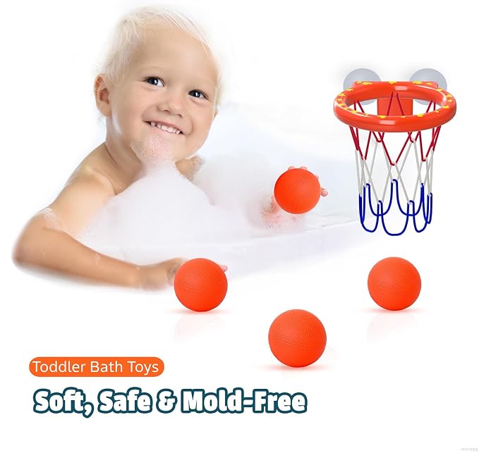 Bath Toys – Bathtub Basketball Hoop for Toddler | Bath Toys for Kids with 4 Mold-Free Balls and Strong Suction Cups Basketball Hoop | Toddler Shower Toys and Fun Bathtub Toys for Boys and Girls