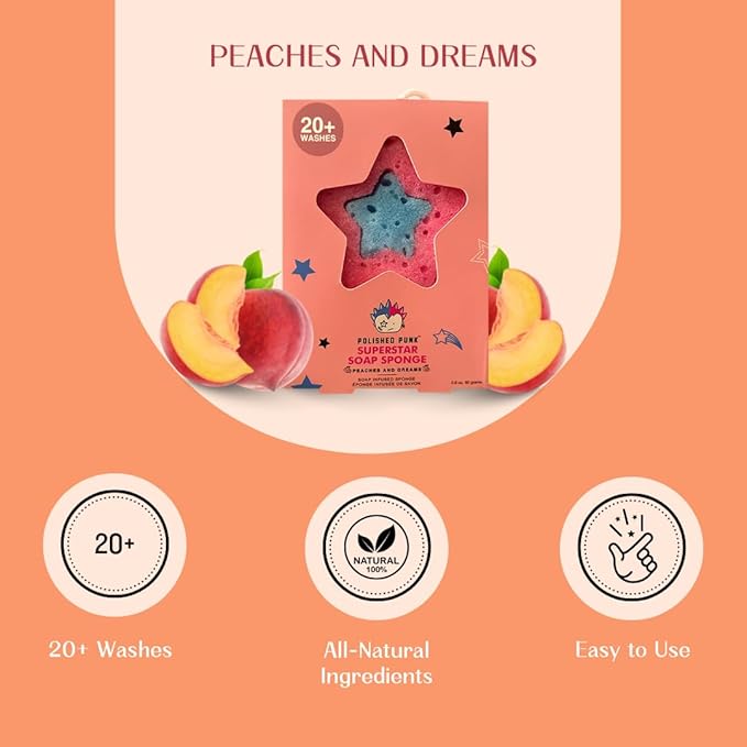All-Natural Soap-Infused Sponge for Kids and Tweens Body Wash, Gentle on Skin, 20+ Uses (Peaches and Dreams)