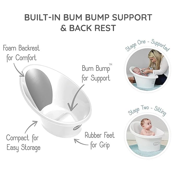 Shnuggle Newborn Baby Bath | Built in Support Bump and Soft Backrest | Suitable from Newborn | Bath Seat Support Includes Plug | Pebble Grey