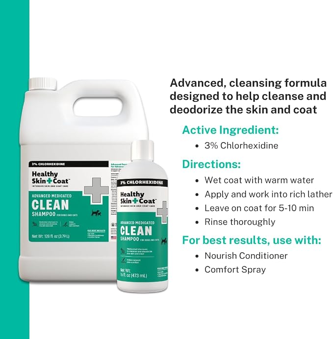 Advanced Medicated Clean Pet Shampoo, 1 Gallon - for Dogs and Cats, 3% Chlorhexidine, Professional Grade, Supports Skin and Coat Health, Made in The USA