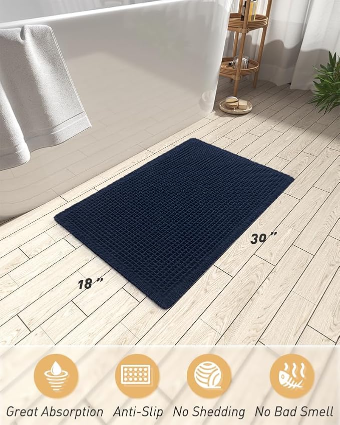 AMOAMI Upgraded Waffle Bath Mat, Super Absorbent Non Slip Bath Mats for Bathroom Floor, Machine Washable Bathroom Rugs with Tassels, Rubber Backed Bathroom Mats, Ultra Soft,17" x 24", Navy Blue