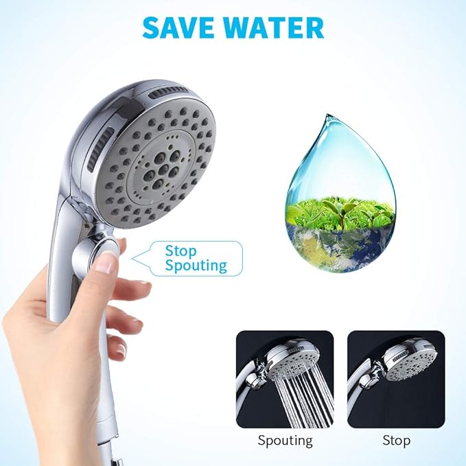 High Pressure Shower Head with Handheld Spray 6 Settings Hand Held Shower Head with On Off Switch and Spa Spray Mode 60 In Hose, Chrome