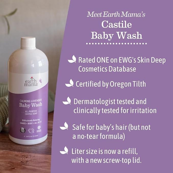 Earth Mama Calming Lavender Baby Wash Liquid Foaming Hand Soap Refill, All-Purpose Lavender Body Wash for Sensitive Skin, Castile Soap with Coconut Oil, Shea Butter, Calendula, & Aloe, 34 Fl Oz