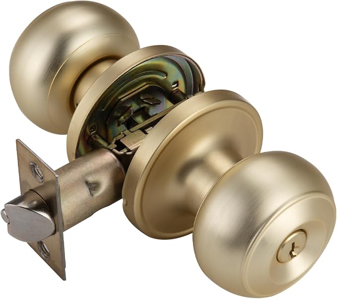 Gold Door Knob with Lock for Entry Door, Keyed Door Knob with Turn Lock Interior for Living Room & Bedroom