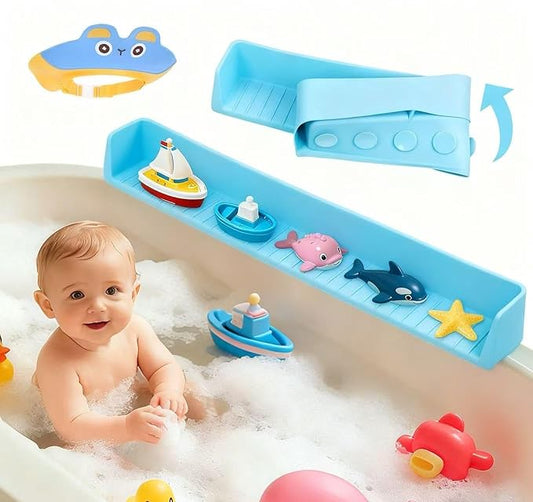 Bathtub Splash Guard for Kids, Long Flexible Silicone Shower Splash Guard with Suction Cups, 2-in-1 Tub Ledge Organizer for Bath Toys & Supplies, Prevents Water Spills, Keeps Floor Dry (Blue)