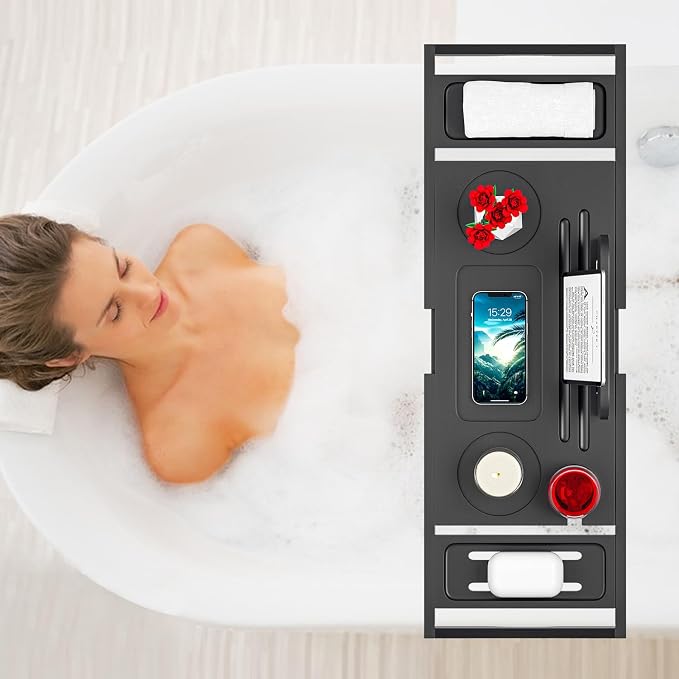 Bathtub Tray Caddy Black- Bath Tray Black - Bath Tub Tray Caddy - Bamboo Bath Tray for Tub - Expandable Size, Fits Most Tubs