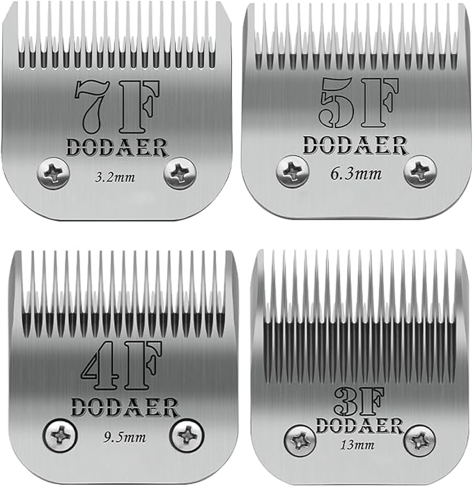 7F/5F/4F/3F Dog Grooming Blades,Compatible with Andis,Oster A5,Wahl KM10 | Include 7F/5F/4F/3F Detachable blade ,Made of Stainless Steel,,4 Count