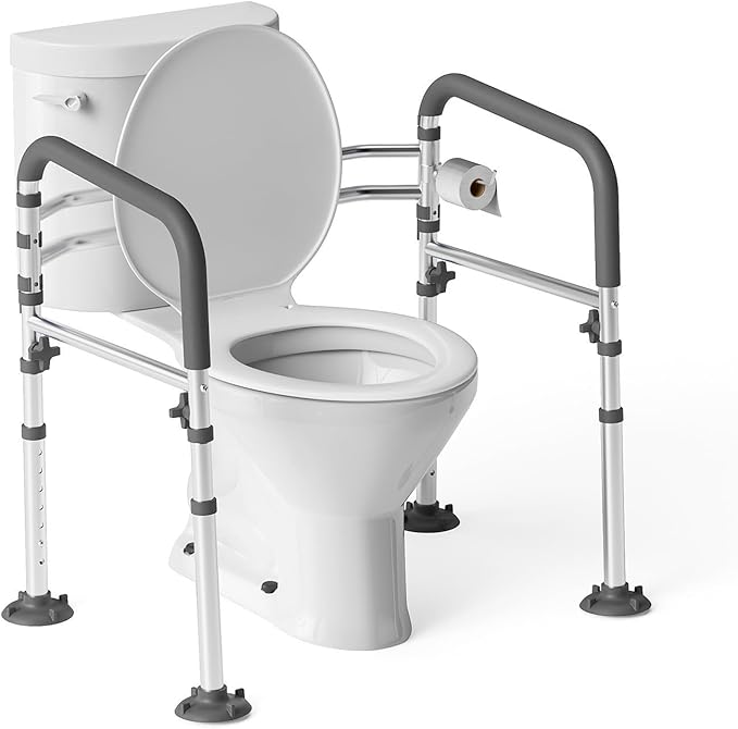 Loyoda Toilet Safety Frame for Seniors, Adjustable Toilet Safety Rail | Height& Width Adjustable, Padded Armrests, Foldable Aluminum Support Frame for Elderly, Disabled, Pregnant, 350 lb, Gray