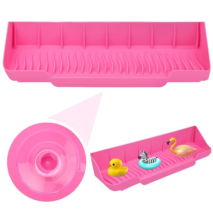 Upgrade Bathtub Splash Guard for Tub 16" x 3.5", Pletpet Silicone Splash Guard for Kids with 6 Suction Blue Cups Toy Tray Caddy Play Shelf for Kids, Bathtub Side Splash (Pink)