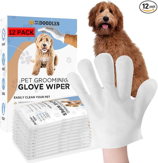 We Love Doodles Dog Cleaning Gloves Wipes - Pet Bathing Wipes for Dogs, Paws, Face, Body, Ears - Safe, Easy & Effective - Individually Packaged, Rinse-Free, Double-Sided, Alcohol-Free 12 PCS
