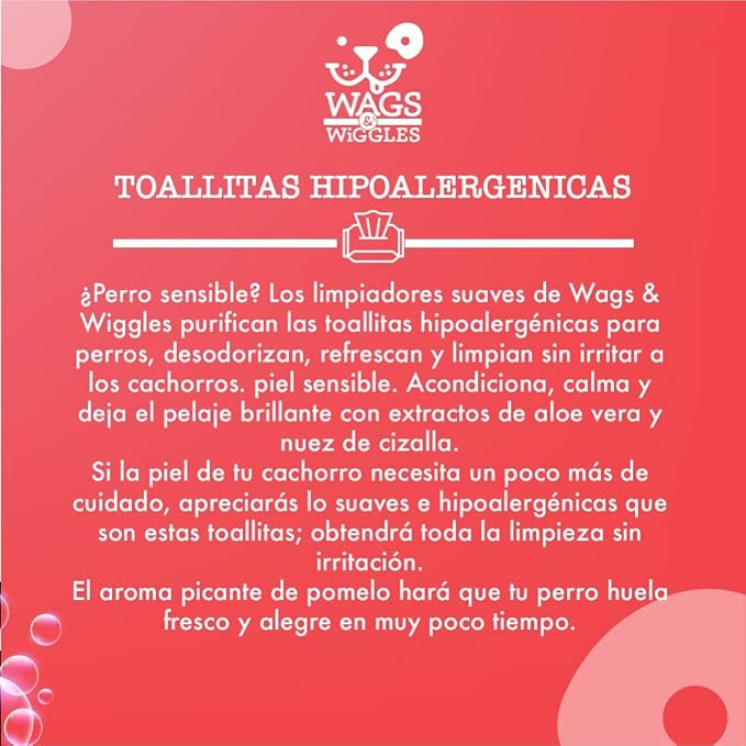 Wags & Wiggles Purify Hypoallergenic Dog Wipes for Sensitive Skin, Paw and Body Grooming Wipes with Gentle Plant Based Formula for Everyday Cleaning, Zesty Grapefruit Scent, 100 Count (Pack of 2)