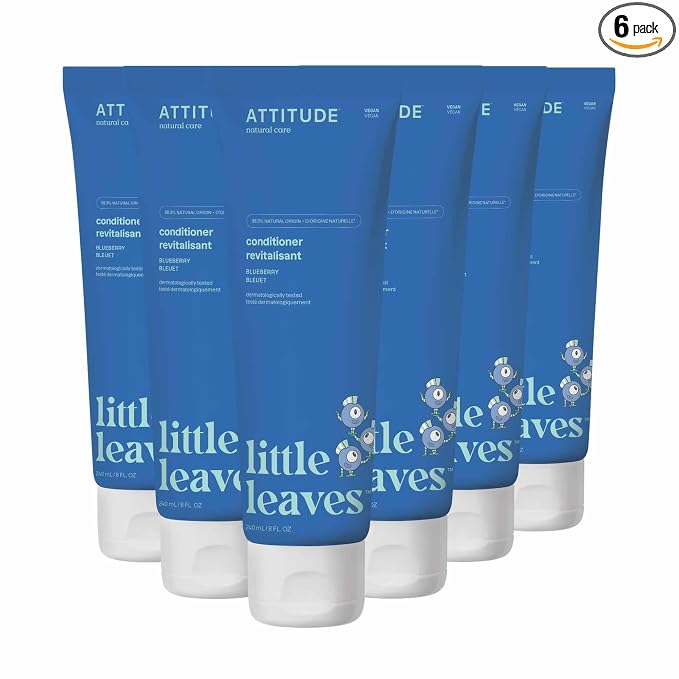 ATTITUDE Hair Conditioner for Kids, Dermatologically Tested Products, Plant- and Mineral-Based Detangler, Vegan, Blueberry, 8 Fl Oz (Pack of 6)
