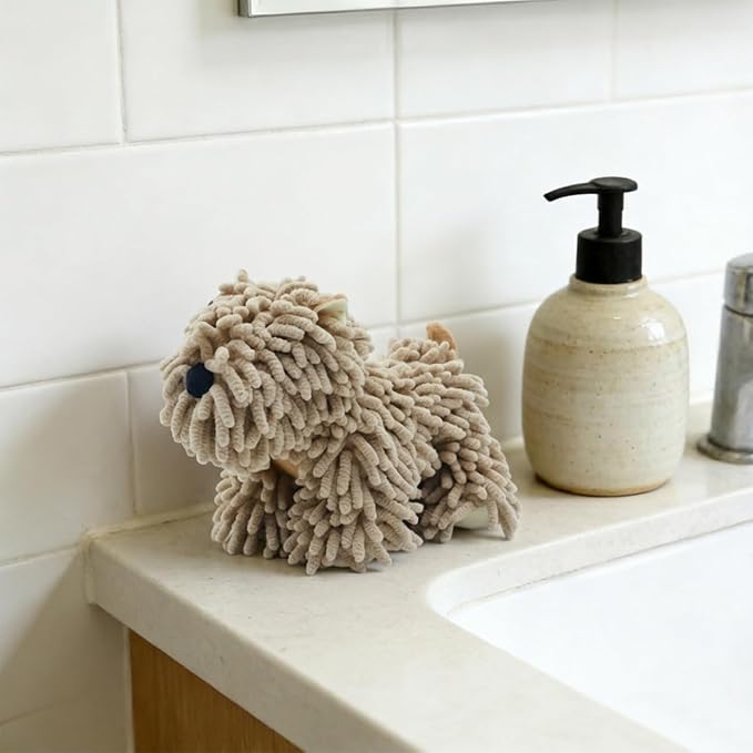 Cute Dog Chenille Hand Towel, 3D Puppy Hangable Fuzzy Ball Hand Towel Microfiber Super Soft Absorbent Bathroom & Kitchen Towels with Hanging Loop, Can Be Placed on the Sink Countertop (Khaki+Khaki)