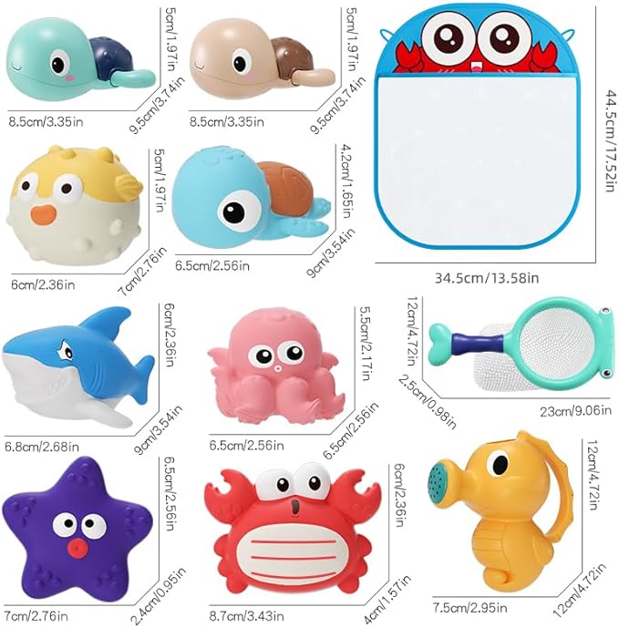 Bath Toy for Toddlers 6-12-18 Months, No-Hole Bathtub Toys with Baby Bath Animals, Wind-Up Turtles, Fishing Net & Storage Bag, Floating Toys for Toddlers 1-3 Year Old Boys Girls (11 Pack)