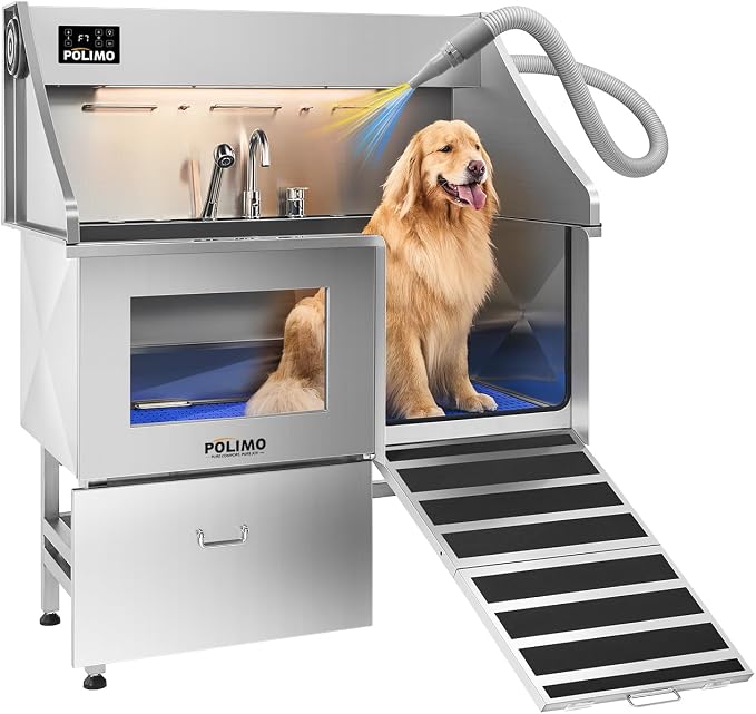 POLIMO Dog Washing Station with Built-in Pet Dryer and LED Display 50" (Right Ramp), 304 Stainless Steel Dog Bathtub for Large Medium Small Dogs, Wash and Dry Grooming Tub with Faucet, Storage Drawer