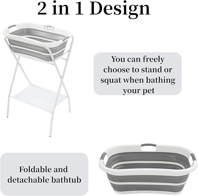 2 in 1 Dog Bathtub Small Pet Bathtub with Stand, Foldable Pet Bath with Drainage Tube, Portable Dog Washing Station for Small Dogs Cats, Indoor & Outdoor, 110.23lbs Load, 26'' L×16.5‘’ W×38.8'' H