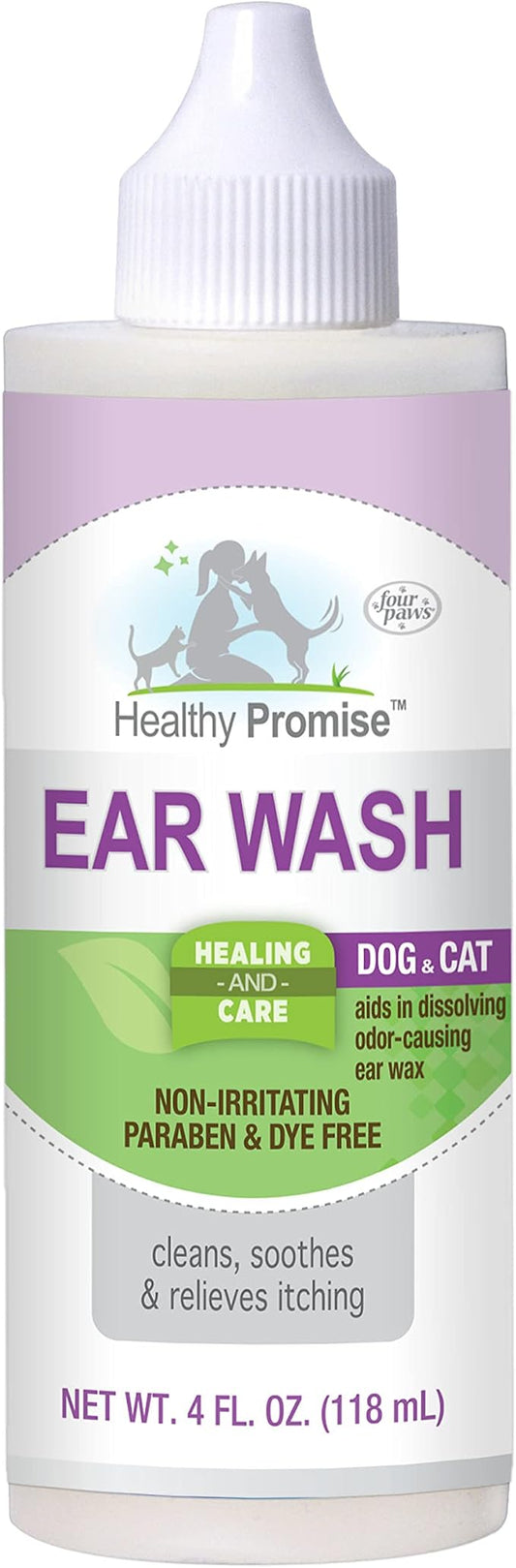 Four Paws Healthy Promise Grooming Soothing Pet Ear Wash Cleaner for Dogs and Cats, Odor Reducing & Itch Relief, 4 oz.