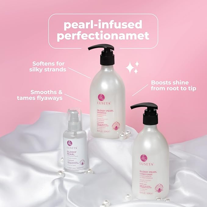 Luseta Glossy Pearl Hair Care Set, Smooth & Shine for Dull Hair | Shampoo & Conditioner (16.9oz×2), Hair Oil (3.38oz), Moisture Care, Easy Detangling, Healthy-Looking Shine, Sulfate Free