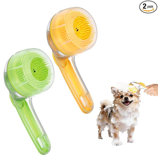 2Pcs Pet Bath Brush, Dog Shampoo Brush New 2 in 1 Grooming Massage Scrubber Bubble Maker with Ring Built-in Shampoo Dispenser(Fine Bristled,Yellow/Green), for Long Short Hair Cats