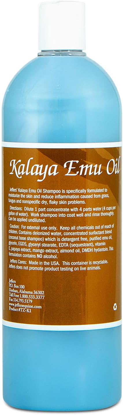 Jeffers Equine Kalaya Emu Oil Horse Shampoo, 32 oz – Soap & Detergent Free, Coconut Base Moisturizing Concentrated Shampoo for Horses, Gentle Formula for Sensitive Skin, Grooming & Soft Coat Care