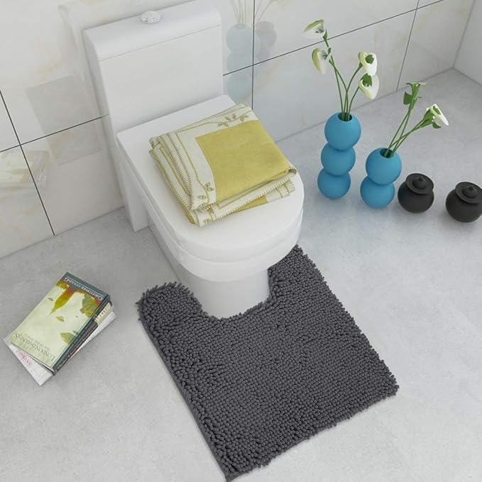 ITSOFT Standard 24"x21" U-Shaped Non-Slip Shaggy Chenille Toilet Contour Bathroom Rug with Water Absorbent, Charcoal Gray