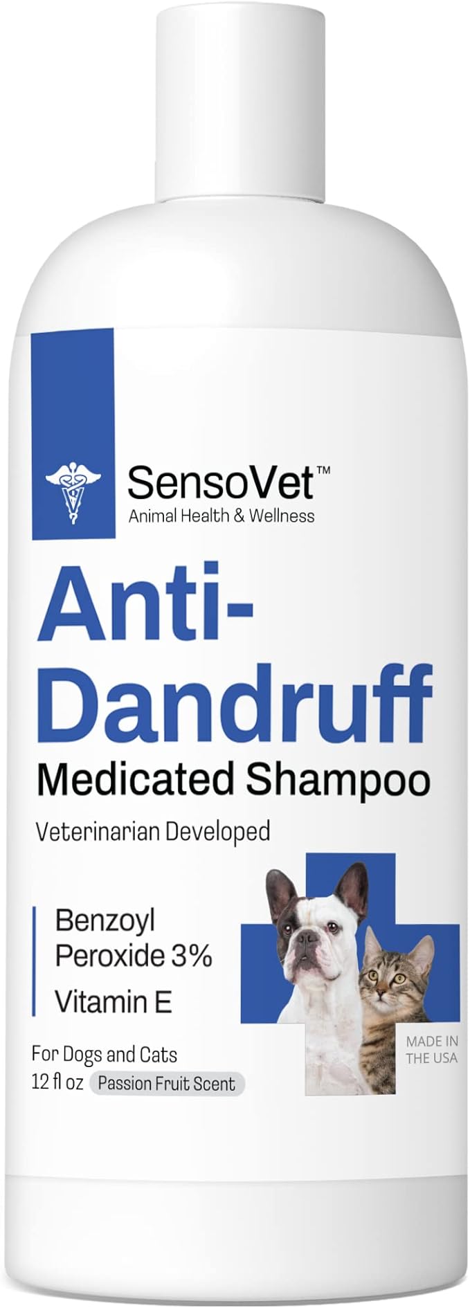 Dandruff Shampoo for Cats & Dogs - Benzoyl Peroxide with Vitamin E - Medicated Treatment for Itchy & Dry Skin, Seborrhea, Mange, Folliculitis, Dermatitis, Acne, Flakes & Skin Scaling - 12oz