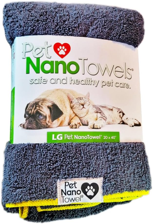 Nano Towels Pet Luxury Grooming Towel. Use for Cleaning, Washing, Dog and Cat Hair Bath Drying Cloth. Safe and Pet Friendly Grooming. No Shampoo Needed. Tiki Pete Noir Grey/Yellow Trim. Large 20x40