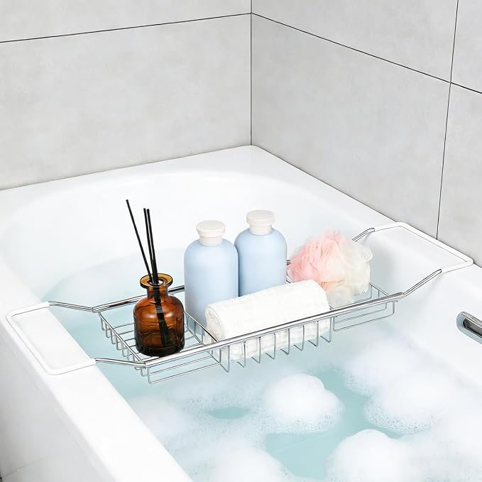 Sewroro Bathtub Tray, Adjustable Stainless Steel Bath Caddy Organizer for Phone, Tablet, Book and Bath Essentials, Over Tub Storage Rack, Silver, 25. 19 x 7. 87 x 2. 75 in