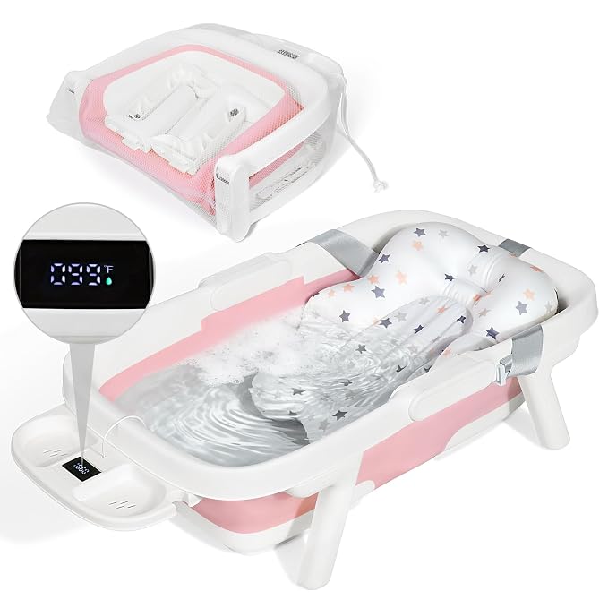 Orzbow Collapsible Baby Bathtub, Large Baby Bath Tub for Newborn with Soft Cushion & Thermometer, Travel Portable Baby Tubs for Infants to Toddler 0-36 Months, 28x16.9 inches, Pink