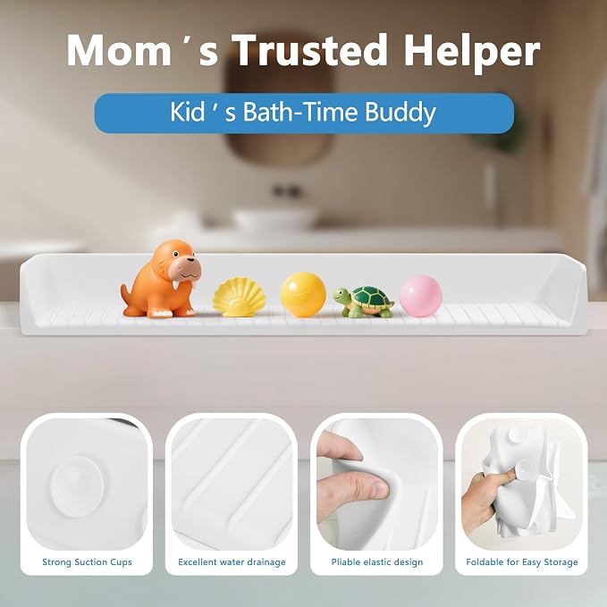 31.5" Bathtub Splash Guard for Tub Kids, Silicone Splash Shield with 11 Suction Cups, Toy Tray Shelf, No Spill Water Barrier, Prevents Mess, Fun Bathtime for Toddlers Baby–White