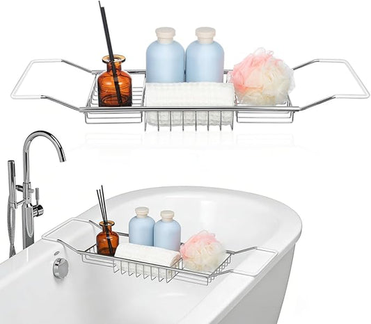 Cabilock Bathtub Tray - Stainless Steel Bathtub Caddy, Expandable Extra Wide Bath Tub Organizer, Rust-Resistant Over The Tub Shelf Rack with Non-Slip Grips for Phone Book Wine Glass, Silver