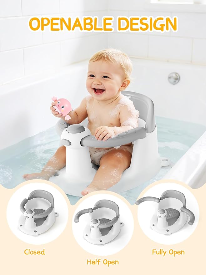 Baby Bath Seat for Babies 6 Months & Up - Bathtub Seats for Babies with 3 Baby Bath Toys, Non-Slip, Comfortable, Infant Bath Essentials-Grey