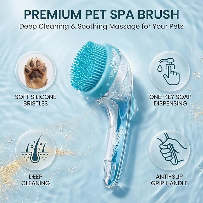 Dog Bath Brush with Shampoo Dispenser Silicone Pet Washing Scrubber & Massage Comb, Extended Handle, Soft Thick or Fine Bristles Grooming Supplies for Dogs & Cats (Yellow, Coarse Bristles)