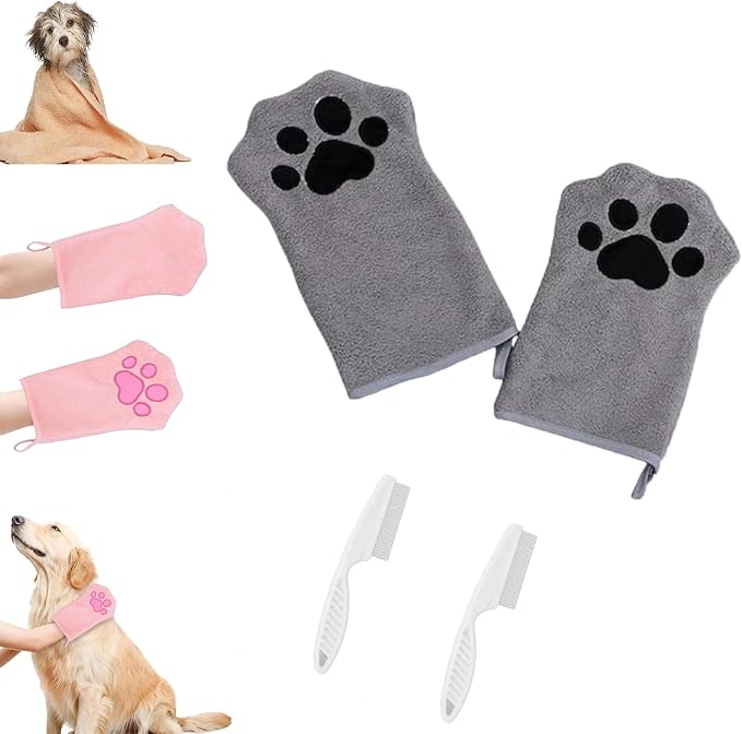 Paw Bathing Towel for Cats, Ultra Soft Microfiber Pet Bath Towel Gloves for Muddy Paws, Ears, Coral Fleece Pet Towel, Quick-Dry Cat Drying Towel, Lint-Free Absorbent with Hanging Loop (Grey*2)