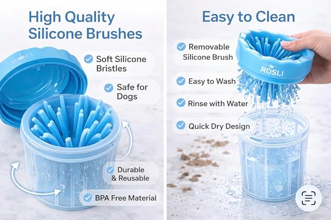 ROSLI Dog Paw Clianer Cup - Portable Pet Paw Washer for Dogs - Deep Cleaning Mud & Dirt - Silicone Brush - Easy to Use & Wash (Blue, Large) (Blue, Large)