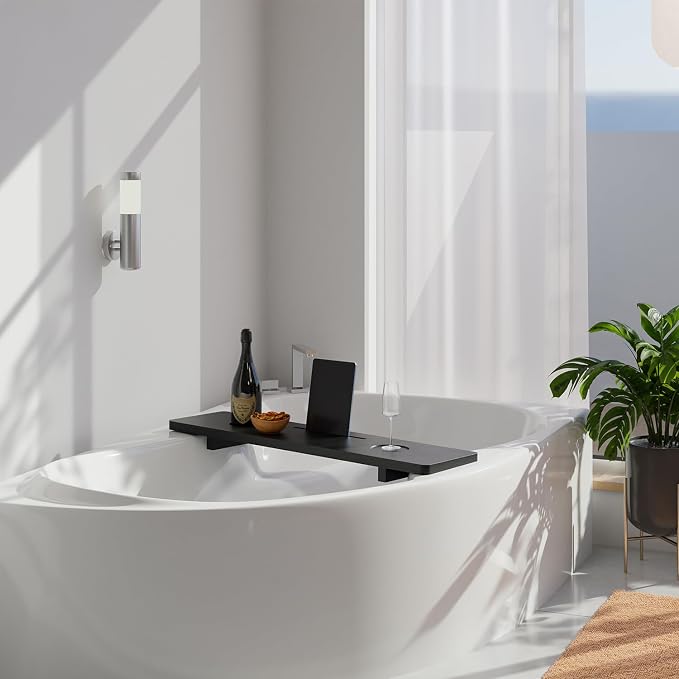 TINAMO 35" Acacia Wood Bathtub Tray, Adjustable Feet with Accessory Holders | Adjustable Width, Lightweight, 35" x 9" x 2.5", Anti-Tipping, Phone/Tablet Stand, Beverage Holder, Beveled Edge Design, Black