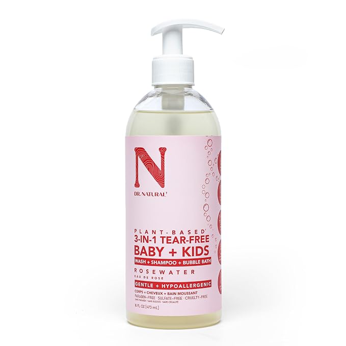 Dr. Natural 3-in-1 Tear-Free Baby Plus Kids Soap - Head-to-Toe Baby Soap and Shampoo - Sensitive Skin Moisturizing Body Wash - Rosewater - 16 oz.