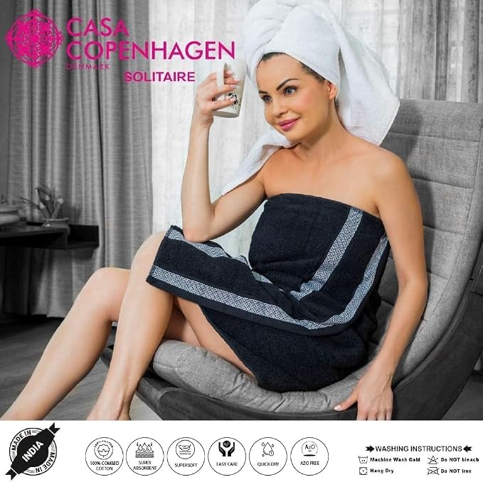CASA COPENHAGEN Solitaire 6Pcs 100% Egyptian Cotton Large Designer Towels Gift Set- Ecru, 600GSM, 2Bath 2Hand 2Washcloths, Bath Towels for Bathroom Set for Women & Men